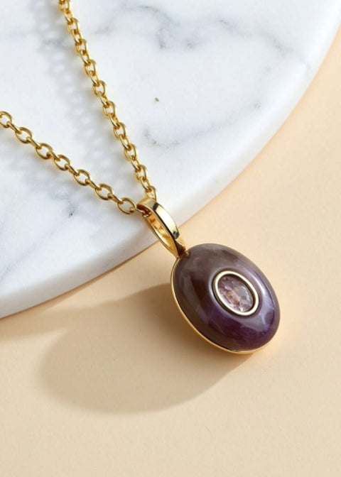 Purple Natural Stone Oval Pendant Necklace with Gold-Tone Chain, Adjustable 18–20 Inch