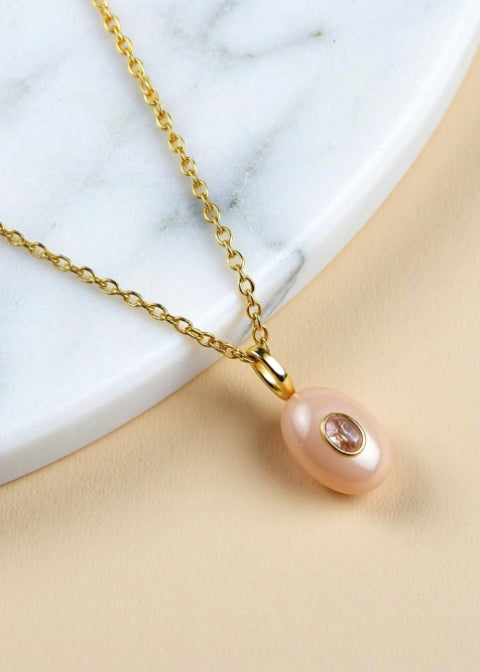 Purple Natural Stone Oval Pendant Necklace with Gold-Tone Chain, Adjustable 18–20 Inch