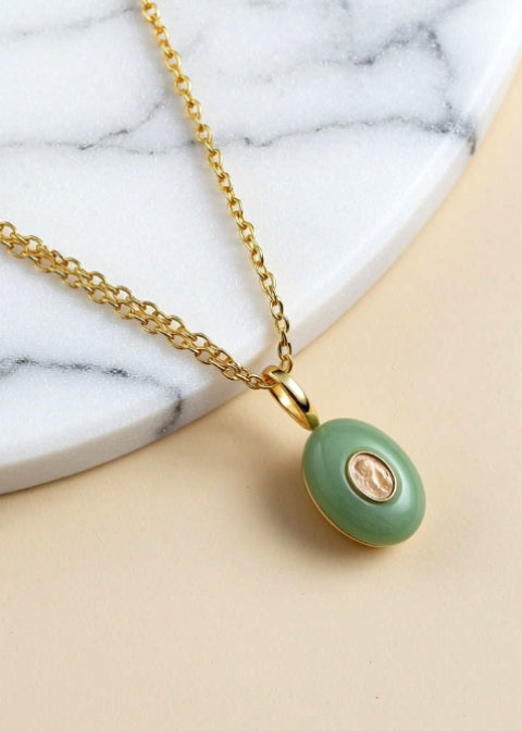 Purple Natural Stone Oval Pendant Necklace with Gold-Tone Chain, Adjustable 18–20 Inch