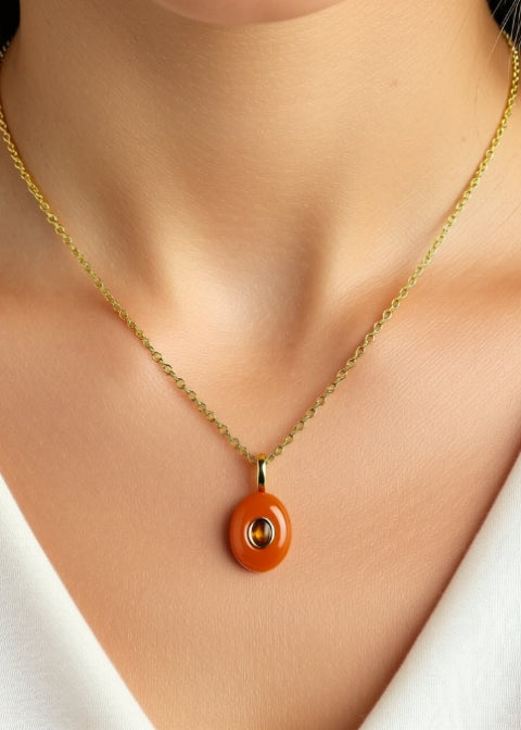 Purple Natural Stone Oval Pendant Necklace with Gold-Tone Chain, Adjustable 18–20 Inch