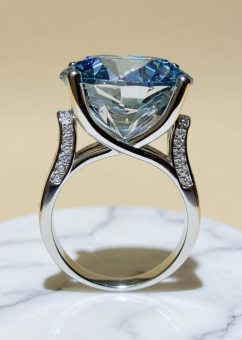 20 Carat Blue Round-Cut Moissanite Solitaire Ring in .925 Sterling Silver