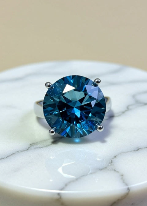 20 Carat Blue Round-Cut Moissanite Solitaire Ring in .925 Sterling Silver