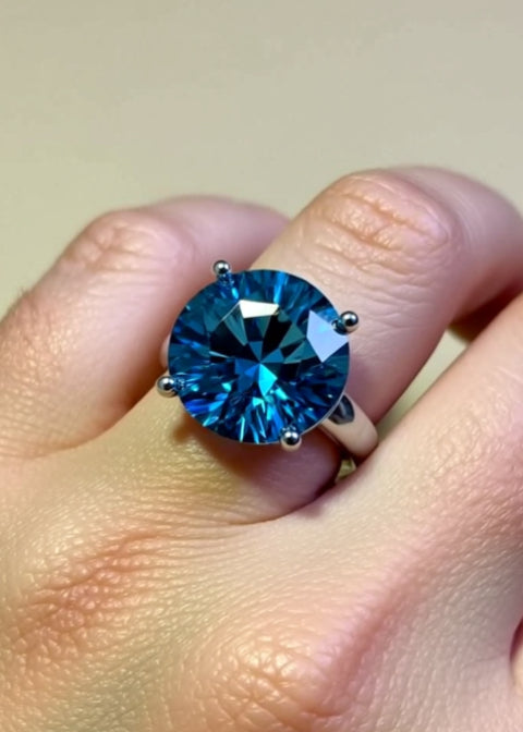20 Carat Blue Round-Cut Moissanite Solitaire Ring in .925 Sterling Silver