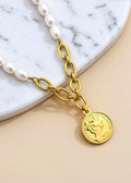 Freshwater Pearl and Gold Coin Pendant Necklace in 18K Gold-Plated Titanium Steel, 18–20 Inch