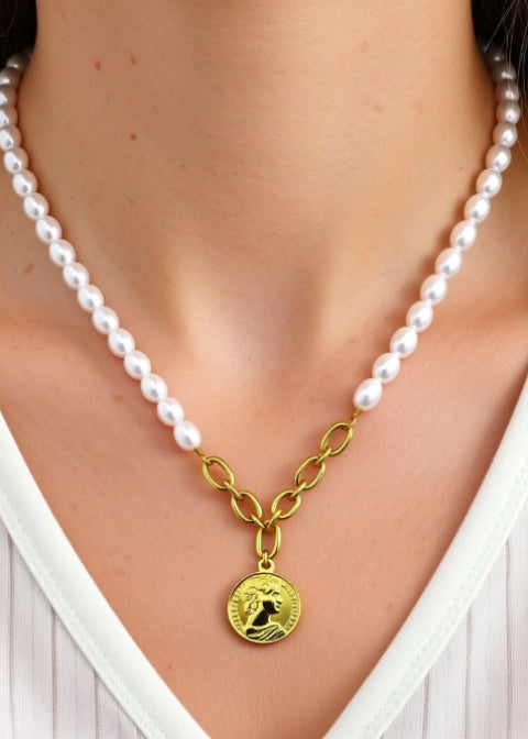 Freshwater Pearl and Gold Coin Pendant Necklace in 18K Gold-Plated Titanium Steel, 18–20 Inch