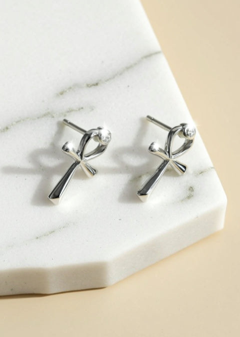 Zircon Ankh Cross Stud Earrings in Platinum-Plated .925 Sterling Silver