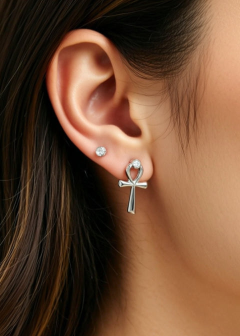 Zircon Ankh Cross Stud Earrings in Platinum-Plated .925 Sterling Silver