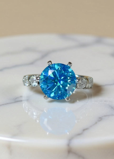 5 Carat Blue Round-Cut Moissanite Statement Ring in Platinum-Plated .925 Sterling Silver