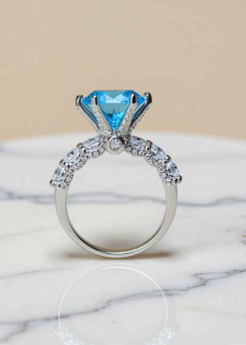 5 Carat Blue Round-Cut Moissanite Statement Ring in Platinum-Plated .925 Sterling Silver