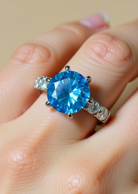 5 Carat Blue Round-Cut Moissanite Statement Ring in Platinum-Plated .925 Sterling Silver