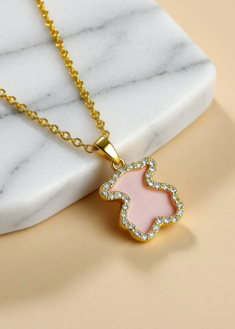 Black Clover Pendant Necklace with Zircon Halo in 18K Gold-Plated Titanium Steel, 16 Inch