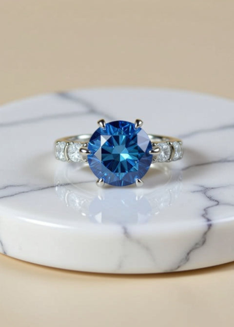 5 Carat Blue Moissanite Engagement Ring in Platinum-Plated Sterling Silver