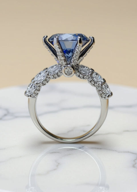 5 Carat Blue Moissanite Engagement Ring in Platinum-Plated Sterling Silver