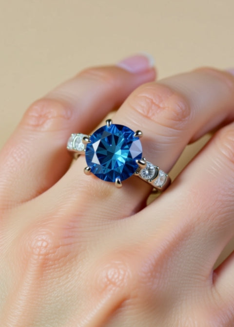 5 Carat Blue Moissanite Engagement Ring in Platinum-Plated Sterling Silver