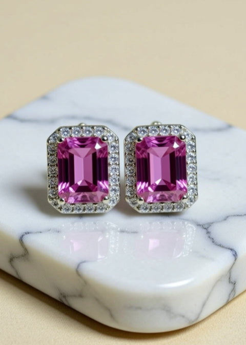 2CT Pink Emerald-Cut Moissanite Halo Stud Earrings in .925 Sterling Silver
