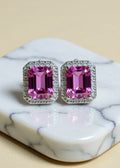 2CT Pink Emerald-Cut Moissanite Halo Stud Earrings in .925 Sterling Silver