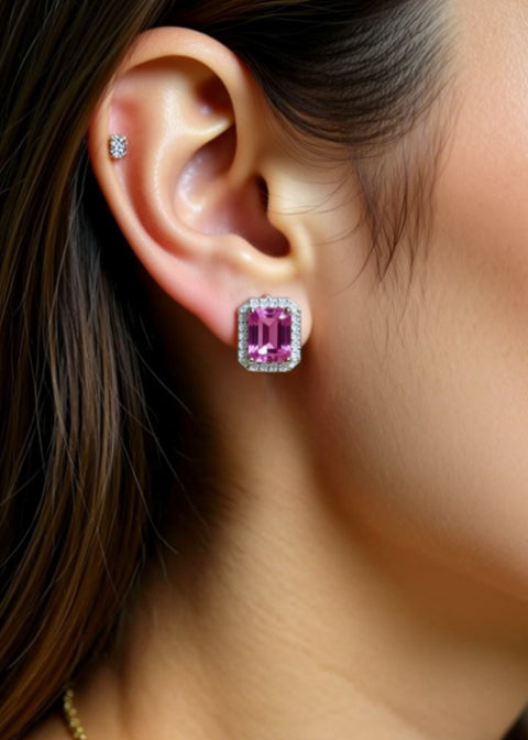 2CT Pink Emerald-Cut Moissanite Halo Stud Earrings in .925 Sterling Silver