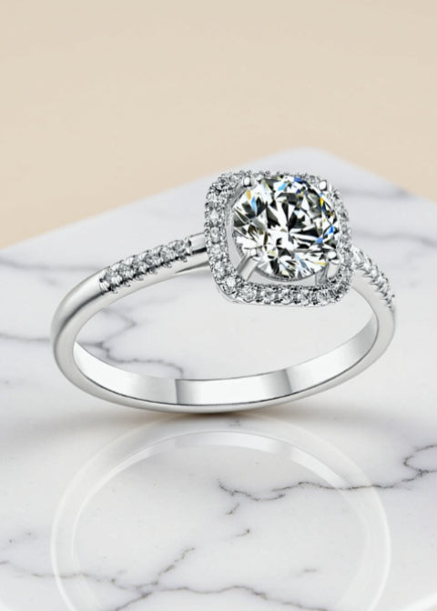 1CT Round Moissanite Cushion Halo Engagement Ring in Platinum-Plated .925 Sterling Silver