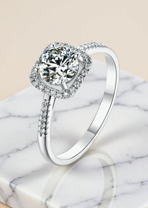 1CT Round Moissanite Cushion Halo Engagement Ring in Platinum-Plated .925 Sterling Silver