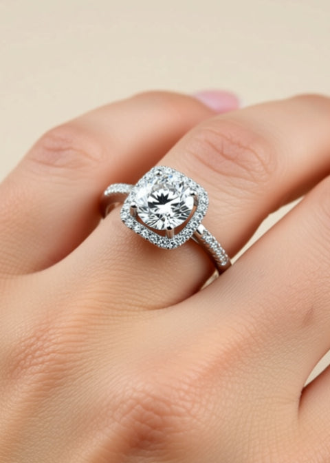 1CT Round Moissanite Cushion Halo Engagement Ring in Platinum-Plated .925 Sterling Silver
