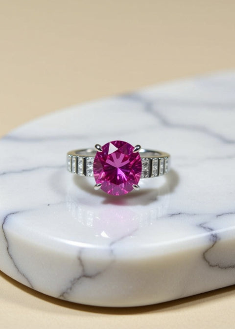 3CT Pink Round-Cut Moissanite Engagement Ring in Platinum-Plated .925 Sterling Silver