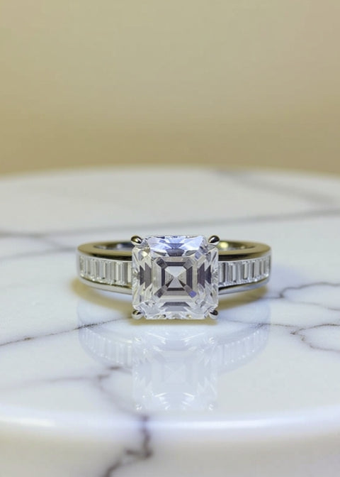 3CT Asscher-Cut Moissanite Engagement Ring in .925 Sterling Silver