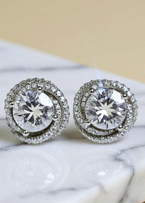 6CT Round Moissanite Double Halo Stud Earrings in .925 Sterling Silver