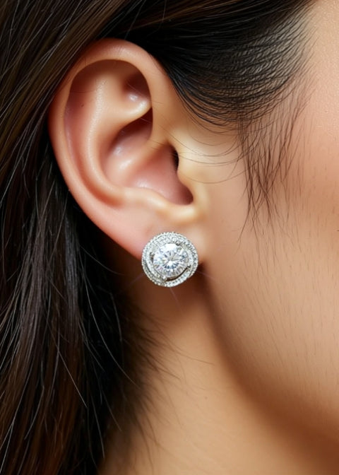 6CT Round Moissanite Double Halo Stud Earrings in .925 Sterling Silver