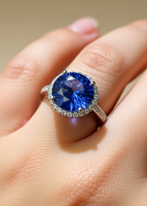 5CT Round Blue Moissanite Halo Engagement Ring in .925 Sterling Silver