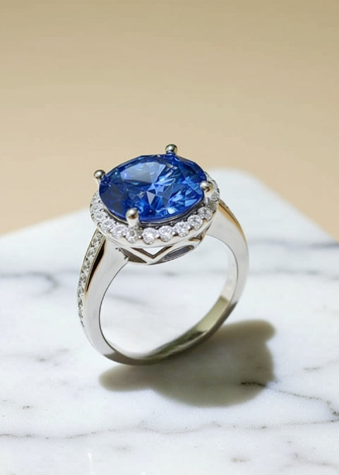 5CT Round Blue Moissanite Halo Engagement Ring in .925 Sterling Silver