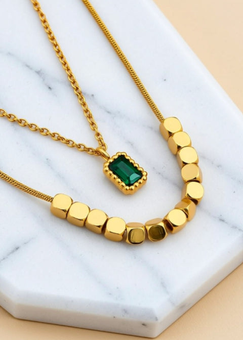 18K Gold-Plated Layered Green Zircon Pendant Necklace in Titanium Steel