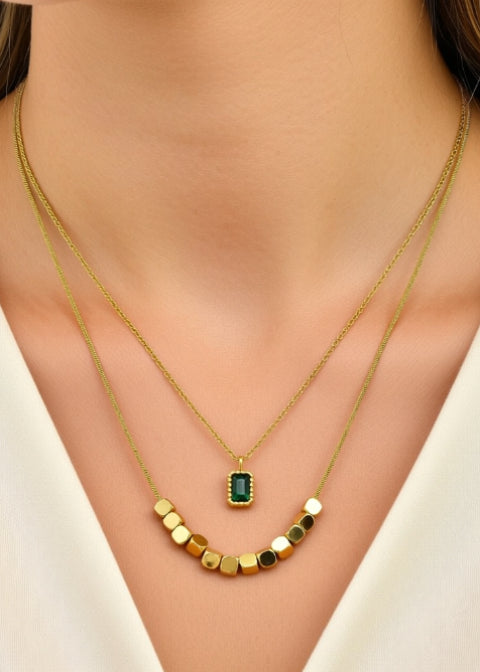 18K Gold-Plated Layered Green Zircon Pendant Necklace in Titanium Steel