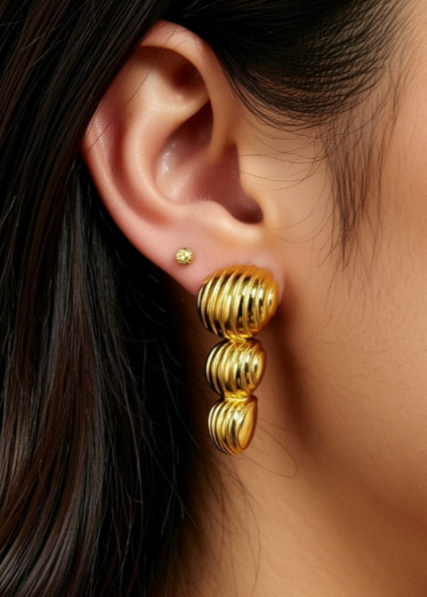 18K Gold-Plated Textured Triple Drop Statement Earrings in Stainless Steel