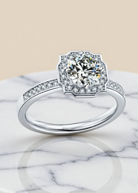 1CT Round Moissanite Geometric Halo Engagement Ring in Platinum-Plated .925 Sterling Silver