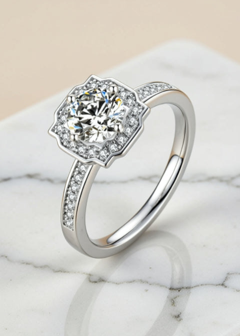 1CT Round Moissanite Geometric Halo Engagement Ring in Platinum-Plated .925 Sterling Silver