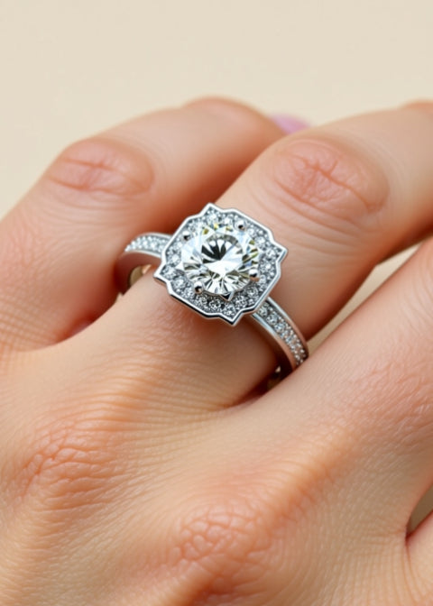 1CT Round Moissanite Geometric Halo Engagement Ring in Platinum-Plated .925 Sterling Silver
