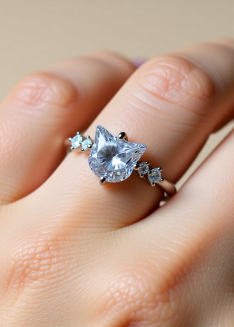 2CT Cat-Shaped Moissanite Ring in Platinum-Plated .925 Sterling Silver
