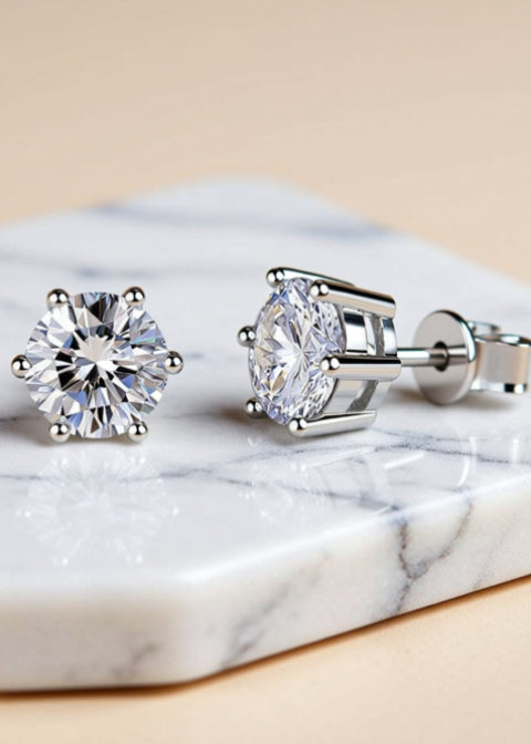 1CT Round Moissanite Solitaire Stud Earrings in Rhodium-Plated .925 Sterling Silver