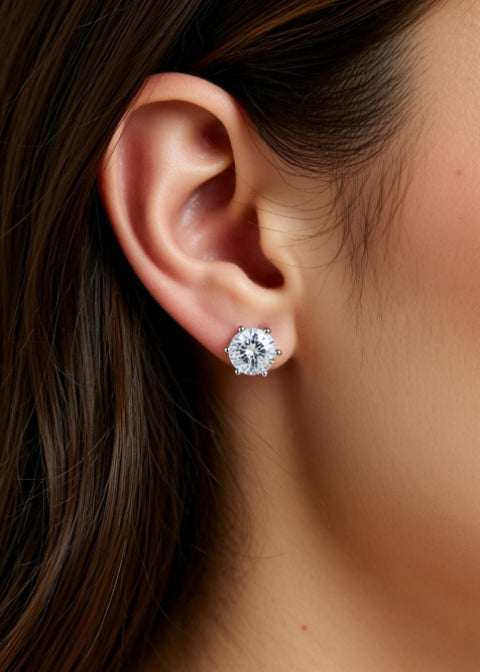 1CT Round Moissanite Solitaire Stud Earrings in Rhodium-Plated .925 Sterling Silver