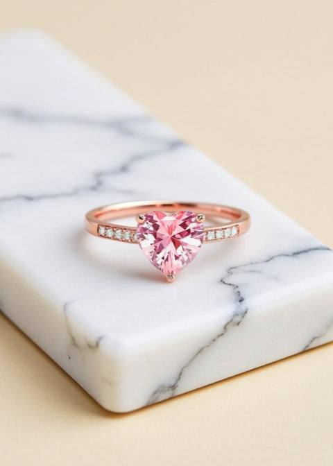 Pink Heart-Cut Zircon Ring in Rose Gold-Tone .925 Sterling Silver