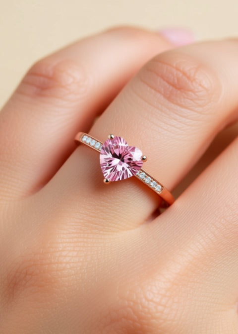 Pink Heart-Cut Zircon Ring in Rose Gold-Tone .925 Sterling Silver