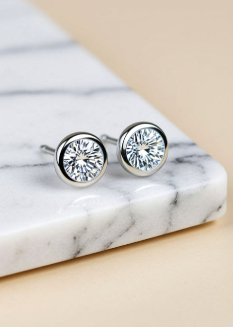 1CT Round Moissanite Bezel-Set Stud Earrings in Rhodium-Plated .925 Sterling Silver