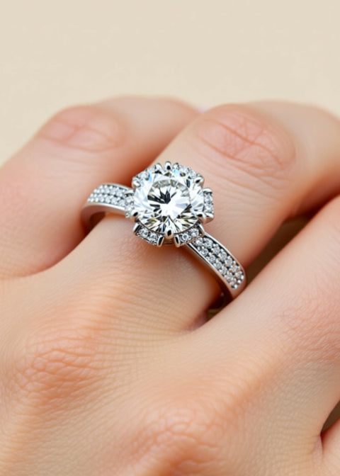 1CT Round Moissanite Floral Halo Engagement Ring in Platinum-Plated .925 Sterling Silver