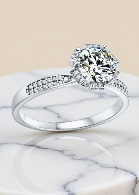 1CT Round Moissanite Floral Halo Engagement Ring in Platinum-Plated .925 Sterling Silver