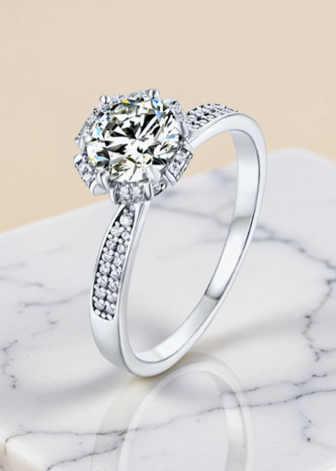 1CT Round Moissanite Floral Halo Engagement Ring in Platinum-Plated .925 Sterling Silver