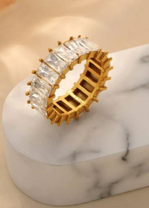 Emerald-Cut Zircon Eternity Band Ring in Gold-Plated Titanium Steel