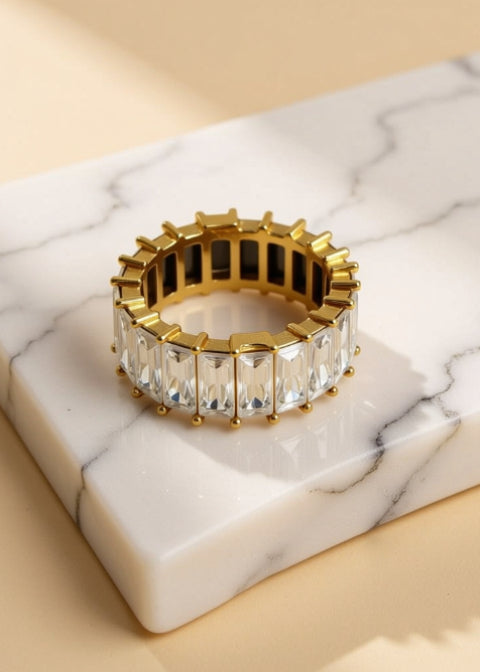 Emerald-Cut Zircon Eternity Band Ring in Gold-Plated Titanium Steel