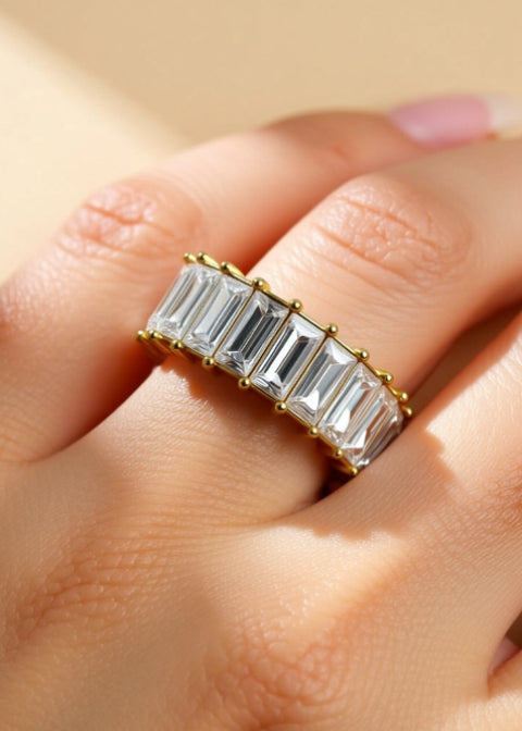 Emerald-Cut Zircon Eternity Band Ring in Gold-Plated Titanium Steel