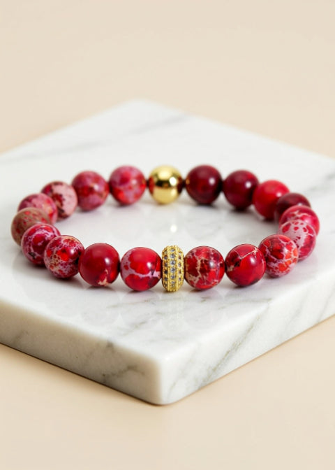 Natural Imperial Jasper Beaded Bracelet, 7.5-Inch Stretch Bracelet in Tangerine, Green, Purple or Red