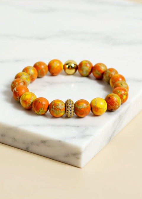 Natural Imperial Jasper Beaded Bracelet, 7.5-Inch Stretch Bracelet in Tangerine, Green, Purple or Red
